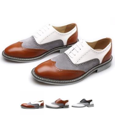 Imagem de Sapato social masculino em dois tons de patchwork Brogue Oxfords moderno clássico bico redondo com cadarço cano baixo couro social costurado à mão negócios formal Derby sapatos, Branco, 38