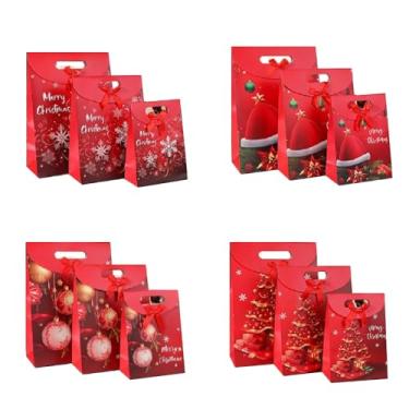 Imagem de Adam Victor Caixas de presente de Natal 3D, caixa de doces com laço - lembrancinhas de festa e mini sacolas de brinde de papel, vermelho (12 peças, 4 estilos, 3 tamanhos)
