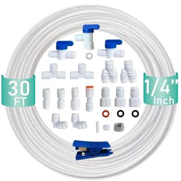 Imagem de ESHIONG Conexão de pressão para conexão de 6,35 mm com certificação NSF para filtro de água RO (osmose reversa) (kit de instalação de geladeira) 20 peças + tubos de água de 9 m de 0,64 cm.