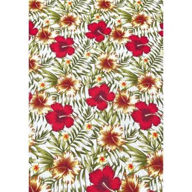 Imagem de Tecido Jacquard Estampado Hibisco Vermelho Fundo Branco - 1,40m de Lar