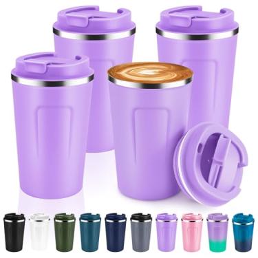 Imagem de Volhoply Caneca de café de viagem isolada a vácuo de parede dupla de 355 ml com tampa dobrável a granel 4 unidades, xícaras de café reutilizáveis à prova de vazamento, copo térmico portátil de café