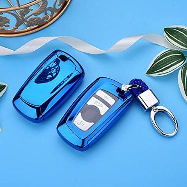 Imagem de WSWJDW TPU Car Key Case Cover Chaveiro Ring Key Bag, apto para BMW 520 525 f30 f10 F18 118i 320i 1 3 5 7 X3 X4 M3 M4 M5, azul com chaveiro