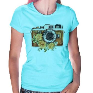 Imagem de Baby Look Máquina Fotográfica Vintage e Flores - Foca na Moda, Azul cl