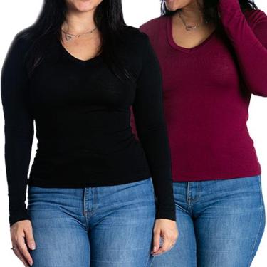 Imagem de Kit 2 blusas feminina manga comprida segunda pele inverno gola v - Mar