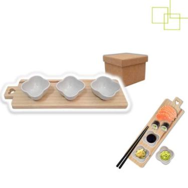 Imagem de Petisqueira de Pinus com Três Potes Porcelana Flor Caixa Embalagem MDF