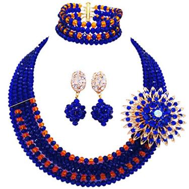 Imagem de Conjunto de joias com miçangas nigerianas aczuv 5 fileiras, colar e brincos de cristal com contas de casamento africanas 18 inches first layer