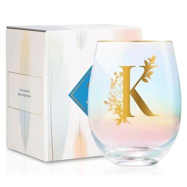 Imagem de Onebttl Presentes de vinho personalizados para mulheres, taça de vinho sem haste fofa com iniciais, presentes de monograma para amantes de vinho em aniversários de Natal, K