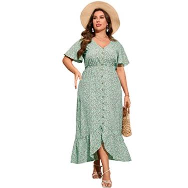 Imagem de KOJOOIN Vestido de verão plus size para mulheres, manga de sino, gola V, botão e bainha com babados, vestido maxi floral alto e baixo, Floral-verde-02, 5G