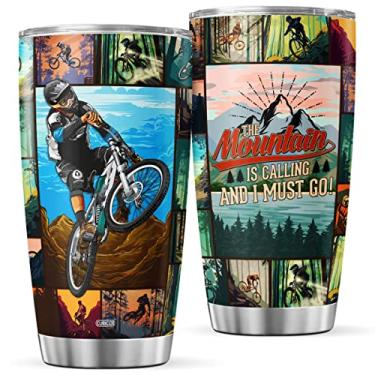 Imagem de CUBICER Mountain Biking Copos de 590 ml isolados com tampa caneca de café de bicicleta para amantes de equitação homens ele pai papai no aniversário copo de bebida de aço inoxidável canecas de viagem acessórios de motociclista