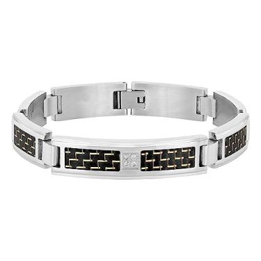 Imagem de Pulseira masculina de aço inoxidável com revestimento de fibra de carbono preta - estilo sofisticado, 21,6 cm, Metal, Sem Pedra Preciosa