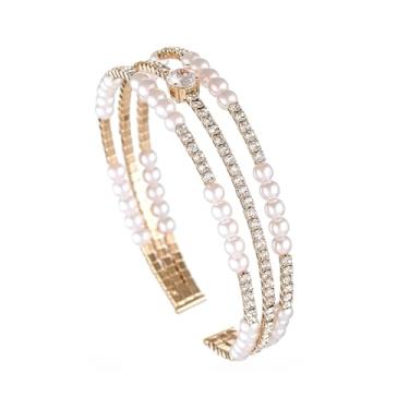 Imagem de Ecesha Pulseira de prata brilhante/ouro com strass 4 mm imitação pérola cúbica zircônia ajustável em camadas para mulheres bijuterias de fantasia, Large, Latão, Zircônia cúbica