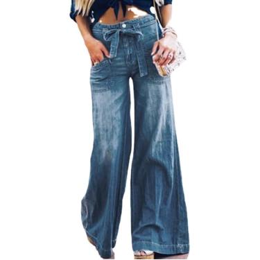 Imagem de Calça feminina casual folgada palazzo calça jeans cintura alta perna larga, azul, XXL