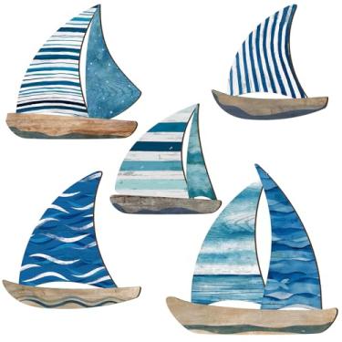 Imagem de Wesiti 5 peças de decoração de parede de veleiro de madeira, decoração de parede náutica, arte de parede de veleiro pendurada, tema costeiro, ornamentos vintage para decoração de casa de banho, sala