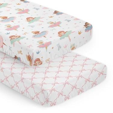 Imagem de Sweet Jojo Designs Jogo de lençol com elástico de bailarina e laços, para quarto de bebê, 2 peças, com laço rosa, sapatilhas de balé, corações brilhantes, tutu, branco, azul, verde