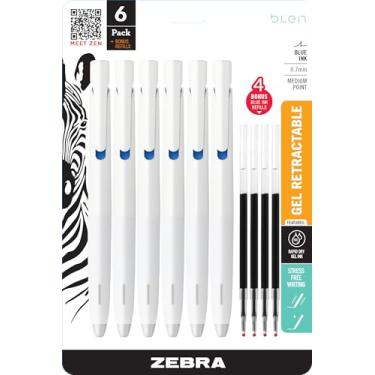Imagem de Zebra Pen BLen Caneta esferográfica retrátil + recargas, cano branco, ponta média, 0,7 mm, tinta azul, pacote com 6