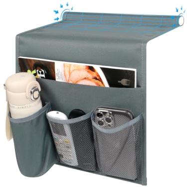 Imagem de WOMACO Suporte de controle remoto de cabeceira, suporte de cama com suporte de garrafa de água, organizador lateral de cama para telefones, revistas, tablets, acessórios - médio, cinza