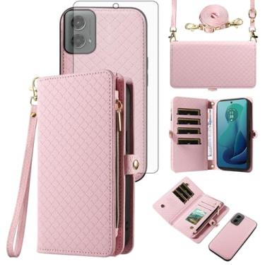 Imagem de Asuwish Capa de celular para Motorola Moto G 5G 2024 com zíper carteira destacável com protetor de tela de vidro temperado alça transversal alça flip porta-cartões G5G 5 G G5 mulheres homens meninas