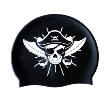 Imagem de BONDYUEN Touca de natação para crianças, meninos, meninas, homens, mulheres, com cabelo curto ou médio, estampas divertidas de design fofo (pirata preto)