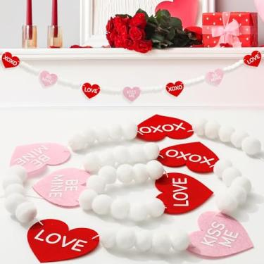 Imagem de FYSUIMU Decoração de Dia dos Namorados Faixa de Coração Rosa Vermelho com Contas de Madeira Amor Romântico Casa de Fazenda Pré-Montado Banner Pendurado para Manto, Lareira, Parede, Artigos de Festa
