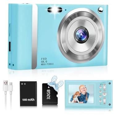 Imagem de Câmera digital de 48 MP para crianças, câmera compacta HD 1080p com zoom de 16x, tela IPS de 2,4 polegadas, câmera pequena, cartão SD de 32 GB, presente para crianças e adolescentes (azul)