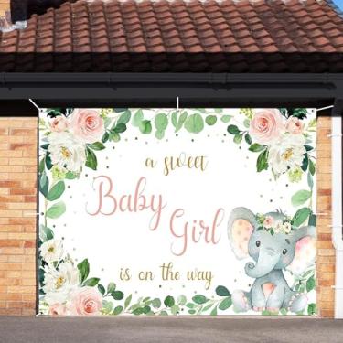 Imagem de It's a Girl Baby Shower Capa de porta de garagem banner decoração pano de fundo 2,1 x 2,4 m A Sweet Baby Girl is On The Way Elefante Flores Folhas verdes Capa de porta de garagem para chá de bebê ao