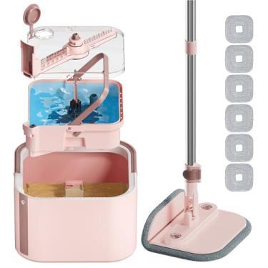 Imagem de Esfregão giratório autônomo atualizado e sistema de balde, balde interno destacável separa água suja e cabeça dobrável de 90°, sistema de esfregão triplo, drenagem dupla de 0,9 litros, para pisos de