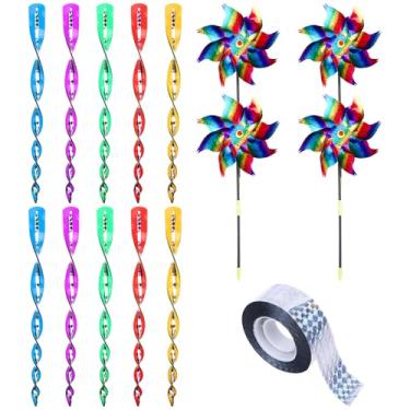 Imagem de Conjunto de 15 unidades de hastes assustadoras de pássaros para uso externo, 10 hastes refletivas repelentes de pássaros, 4 cata-ventos refletivos com estacas e 1 fita para assustar pássaros para