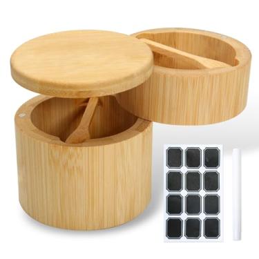 Imagem de Dvehdbay Saleiro – Suporte para recipiente de sal com magnético giratório, adega de sal de cozinha de bambu de 2 camadas com tampa e suporte de colher, caixa de tigela de madeira, tigelas de sal e