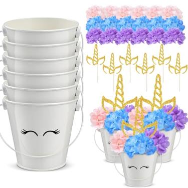Imagem de Knitgrip 30 peças de decoração de mesa de festa de unicórnio incluem topos de chifre de unicórnio de hortênsia e baldes de metal para festa de aniversário de unicórnio suprimentos de chá de bebê
