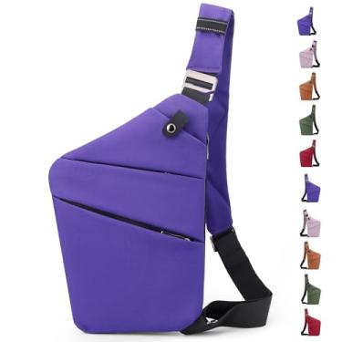 Imagem de Macleria Bolsa tiracolo antirroubo, bolsa tiracolo para mulheres e homens, bolsa de ombro com vários bolsos para viagens, esportes, trabalho, Ombro direito roxo