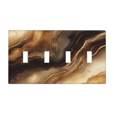 Imagem de Spshian Placa decorativa para interruptor de luz, abstrata, dourado, preto, textura de mármore, placa de parede de 4 grupos, placa de cobertura de interruptor quádruplo grande, placa de rosto jumbo