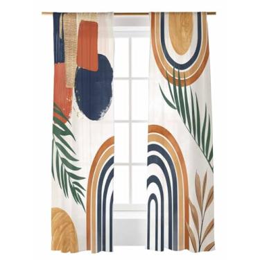 Imagem de Cortinas semitransparentes de 213 cm de comprimento, arte abstrata, boêmia, laranja, azul, círculo, folha de palmeira, tratamentos para janela, cortina, filtro de luz, cortinas com bolso para varão,