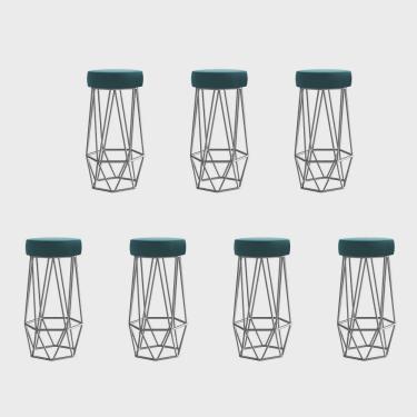 Imagem de Kit 07 Banqueta Com Encosto Mhara Hexágono Cozinha Bar Ferro Cinza Suede Azul Turquesa - Ahz Móveis