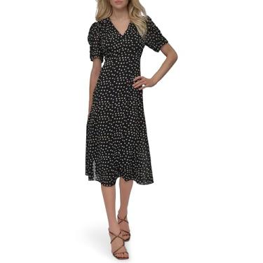 Imagem de DKNY Vestido midi feminino de manga curta com botões frontais e flare, Preto Multi, 38