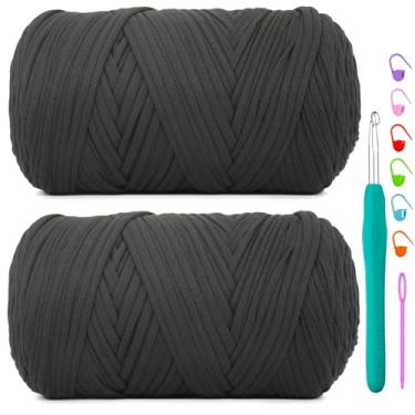 Imagem de Pacote com 2 fios de camiseta para crochê, camiseta preta, tecido elástico macio, grosso e grosso, fio de crochê para crochê, tricô iniciante, bolsa de tricô à mão/artesanato faça você mesmo/decoração