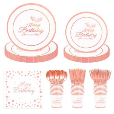 Imagem de 120PCS Happy Birthday Paper Plates Silver Birthday Paper Plates Set with Napkins Forks Birthday Plates and Napkins Party Supplies for Boys Girls Decorations Family Friends Birthday Parties (rose gold)