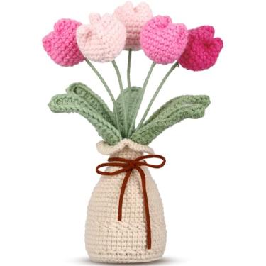 Imagem de Marsui Buquês de tulipas de tricô de crochê com vaso de 17,8 cm tricotado artificial tulipa para sempre, flor tecida à mão com vaso requintado para mulheres, presentes de aniversário, decoração de