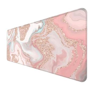 Imagem de ALTEKO Tapete de mouse grande para jogos, tapete de mouse de computador, decoração de protetor de mesa engraçada, almofada de mesa grande e fofa, base antiderrapante 80 x 30 cm mármore brilhante rosa