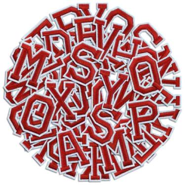 Imagem de Remendos de ferro com letras, aplique bordado do alfabeto A-Z, adesivos decorativos de prensa térmica DIY para roupas, jeans, jaquetas, mochilas, chapéus, meias (vermelho, 104 peças)