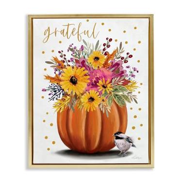 Imagem de Stupell Industries Grateful Pumpkin Bouquet Arte de parede em tela flutuante emoldurada dourada, design por Elizabeth Tyndall, 43 x 53 cm