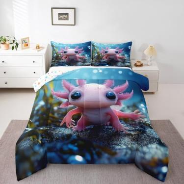 Imagem de Erosebridal Conjunto de cama com desenho animado axolotl, axolote 3D natural, princesa, rosa, edredom para quarto, pintura kawaii, salamandra, conjunto de cama casal para meninas