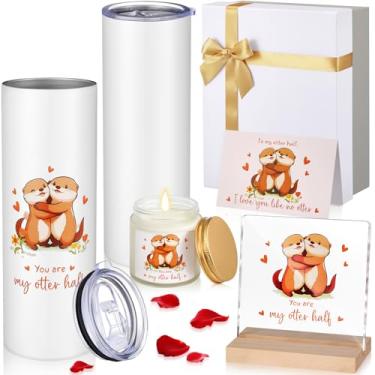 Imagem de Geiserailie 6 peças de presentes de casal de lontra, copo de vidro, vela de aromaterapia, suporte de mesa de acrílico, cartão e caixa, presentes de casamento para casal, esposa, marido, namorado