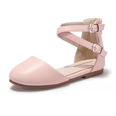 Imagem de Sandálias rasteiras de bailarina com alça no tornozelo e sapatilhas de balé Amanda Mary Jane da Pandaninjia para crianças e meninas, Pink Pu, 9 Toddler