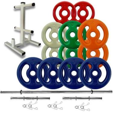 Imagem de Kit Anilhas Emborrachadas 40 Kg + Barras 2x 40cm + 1x 1.50m + Suporte 