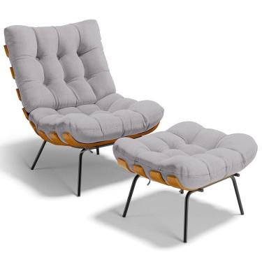 Imagem de Poltrona Costela L02 Com Puff Sala De Estar Linho Cinza - Lyam Decor