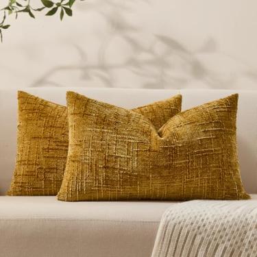 Imagem de Capas de almofada decorativas de verão para sofá, 30 x 50 cm, conjunto de 2 capas de almofada de chenille macias amarelas com textura neutra boho para decoração moderna de casa de fazenda, sofá