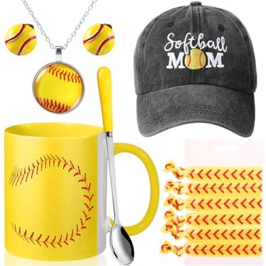 Imagem de Didaey Conjunto de 12 peças de presentes de softbol para mãe inclui chapéu de mãe de bola, xícara de café com colher, laços de cabelo, pulseira de bola, brincos para presente de dia das mães de