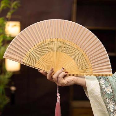 Imagem de Ventilador de mão dobrável portátil - Pequenos ventiladores de seda de bambu japoneses chineses vintage - para dança, apresentação, decoração, casamento, festa, presente (rosa)