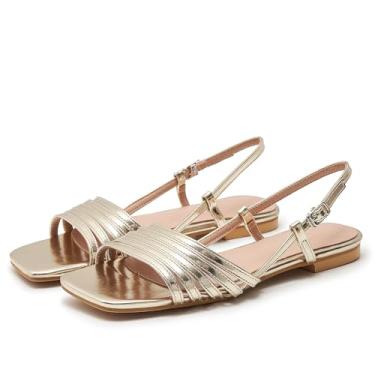 Imagem de ATBELL Sandálias Femininas Douradas, Bico Quadrado Aberto, Tira Ajustável No Tornozelo, Gladiador, Sandália Rasteira, Elegante, Sapatos De Salto Baixo Fofos, Metálicos, Tamanho 8