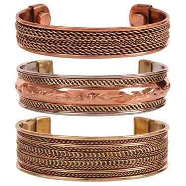 Imagem de INDTRESOR Pulseira magnética de cobre estilo tibetano. Forjada à mão com cobre puro sólido e de alto calibre. Conjunto de 3 designs diferentes em estilo trançado de fios trançados.